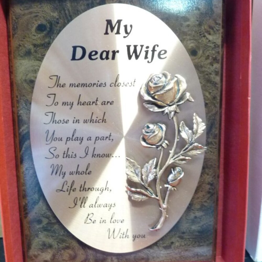 My Dear Wife 8 x 6 inch Vintage Copper tone Rose & poem Plaque.